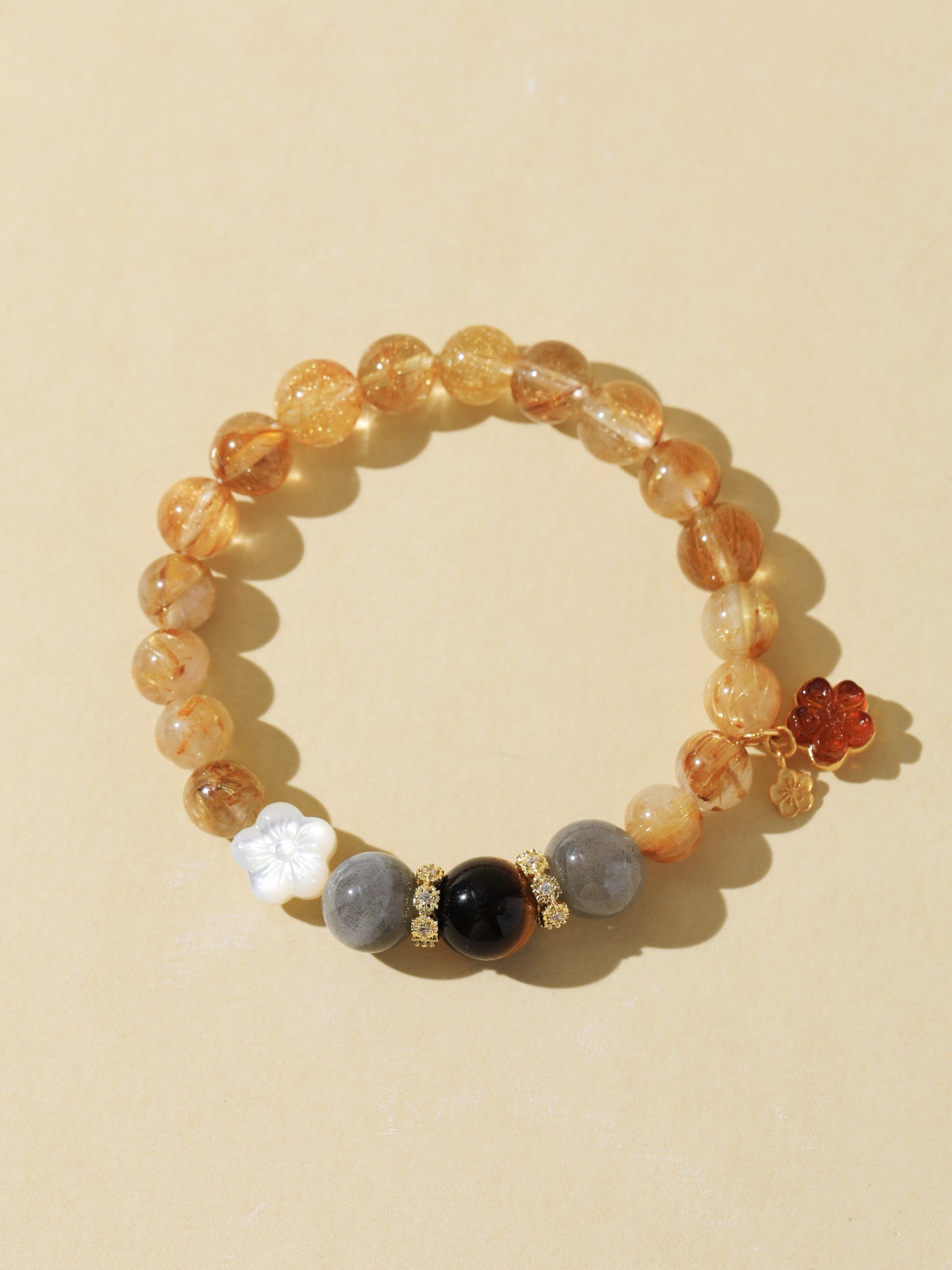 Golden Rutilated Quartz, Black Tiger’s Eye & Grey Moonstone Bracelet