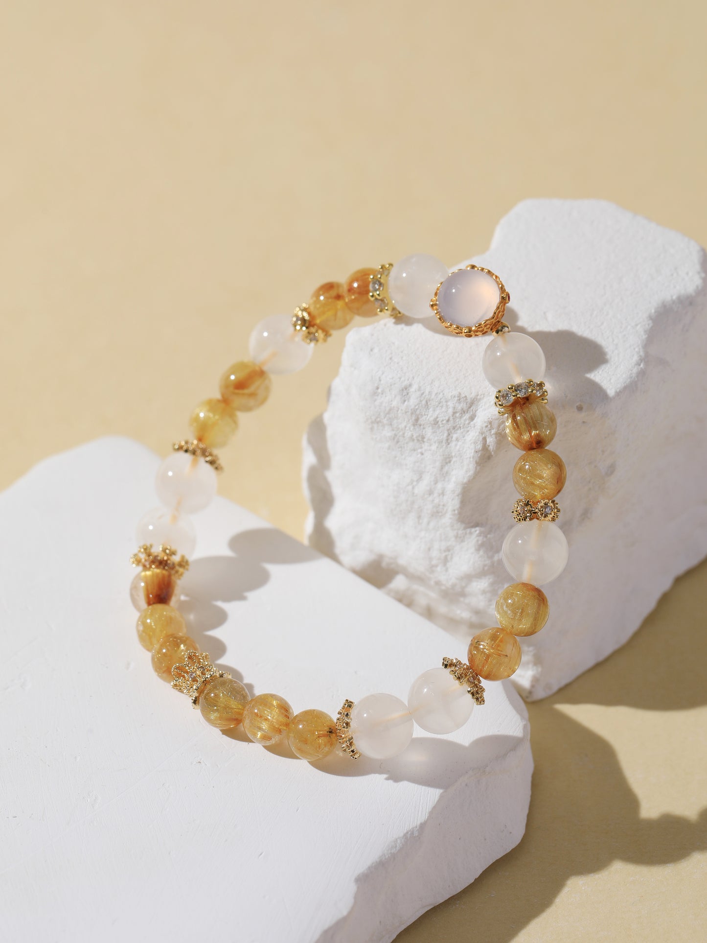 Golden Rutilated Quartz & Snowflake Phantom Quartz Bracelet