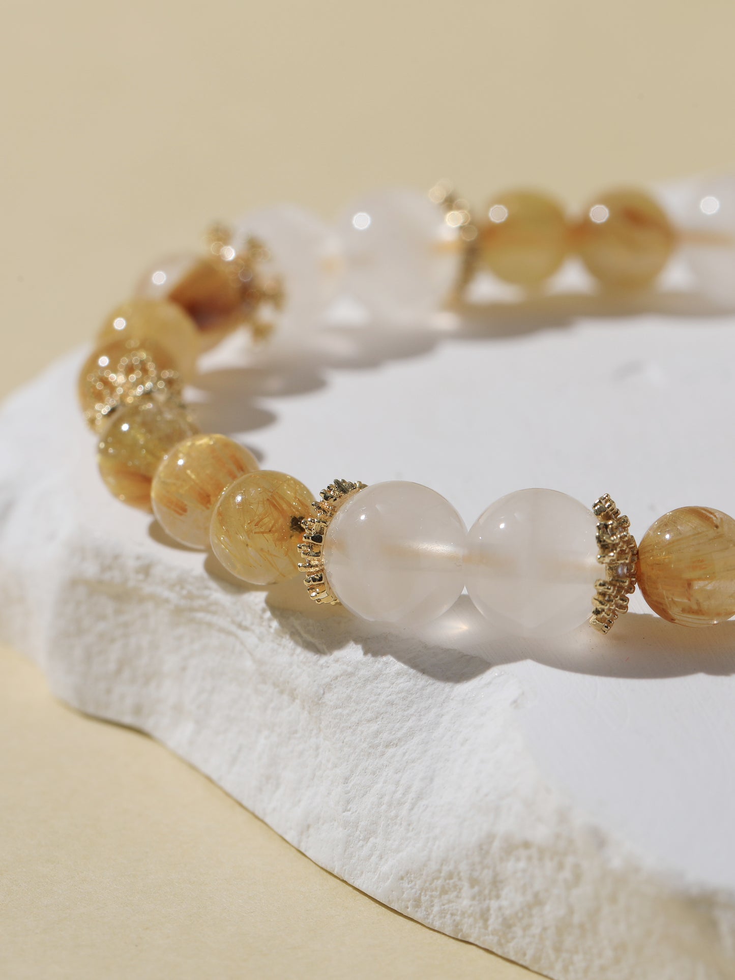 Golden Rutilated Quartz & Snowflake Phantom Quartz Bracelet