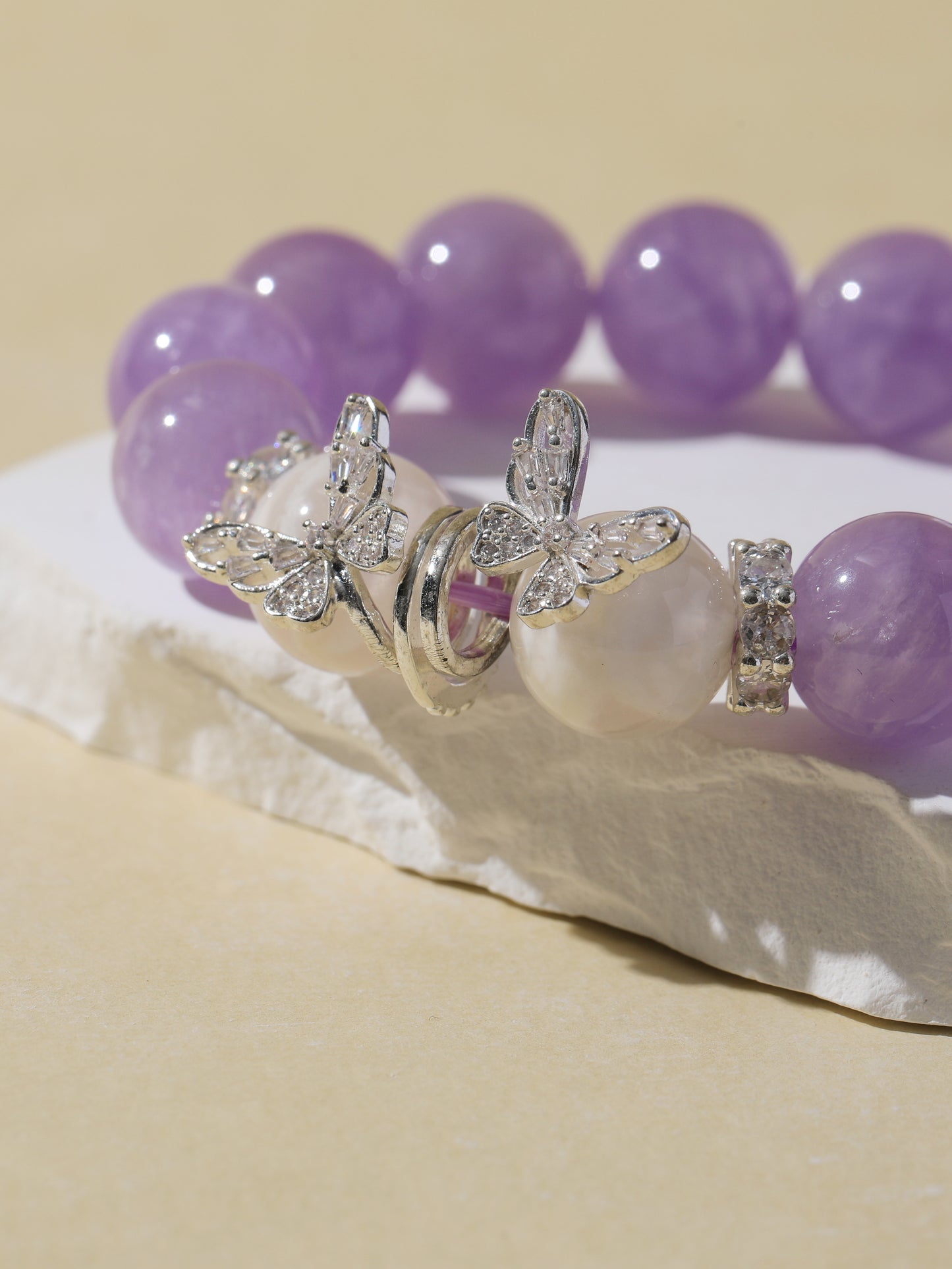 Purple Rabbit Hair Quartz & White Snowflake Stone Bracelet