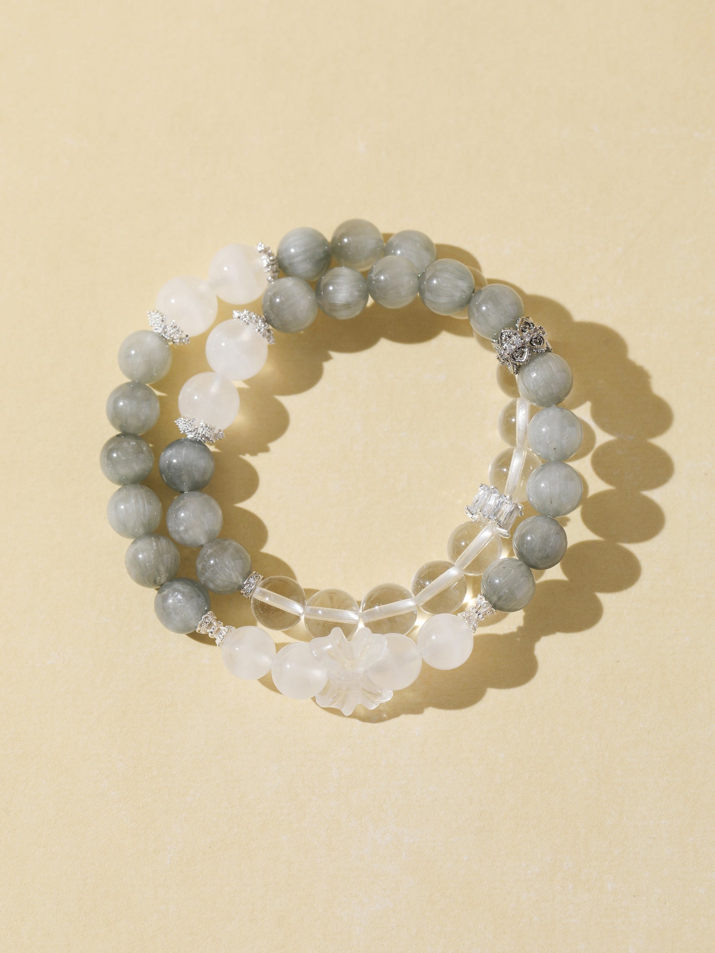 Double-Wrap Grey Hair Quartz & White Cat’s Eye & Clear Quartz Bracelet