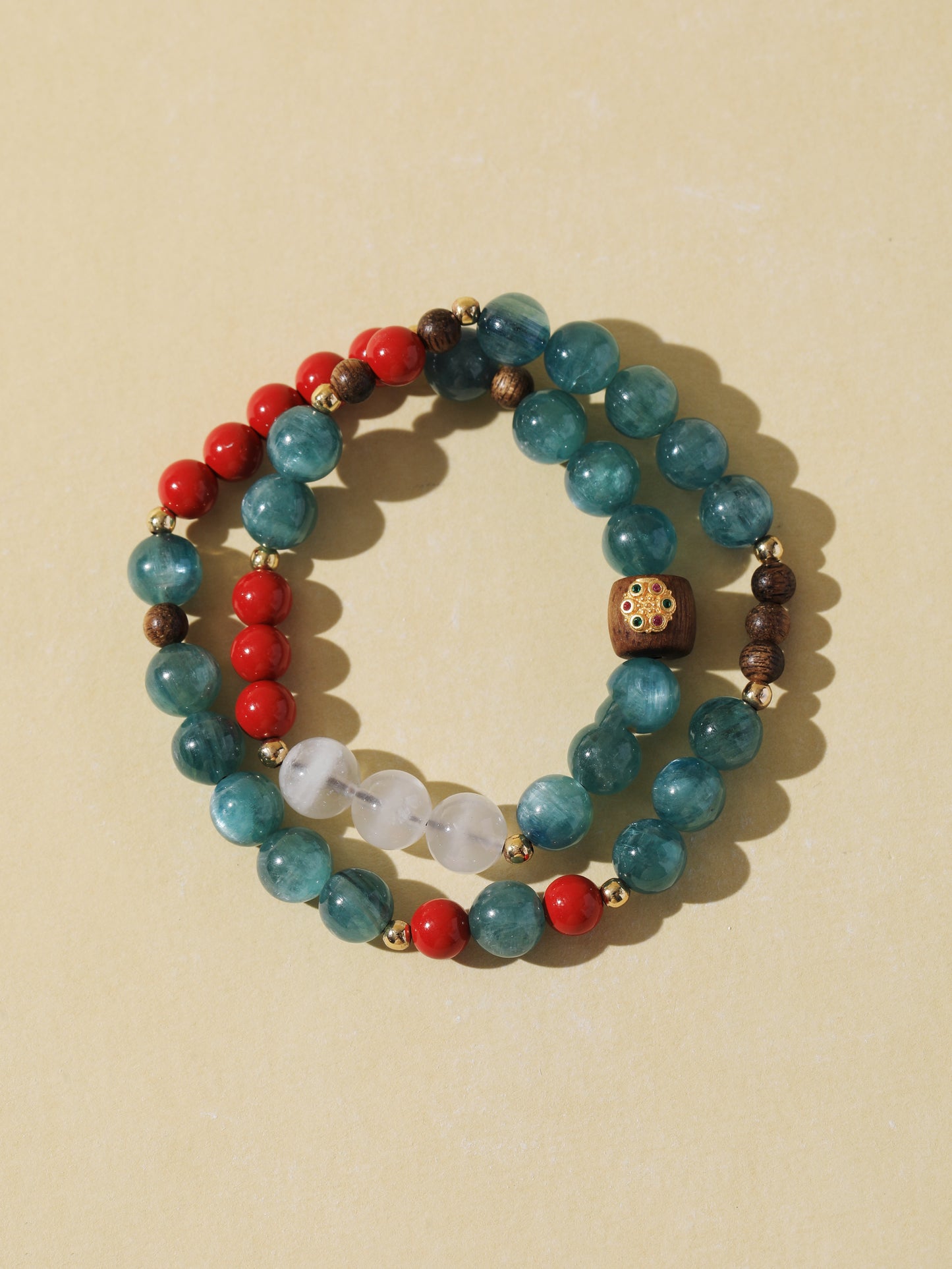 Double-Wrap Blue-Green Quartz, Cinnabar & White Cat’s Eye Bracelet