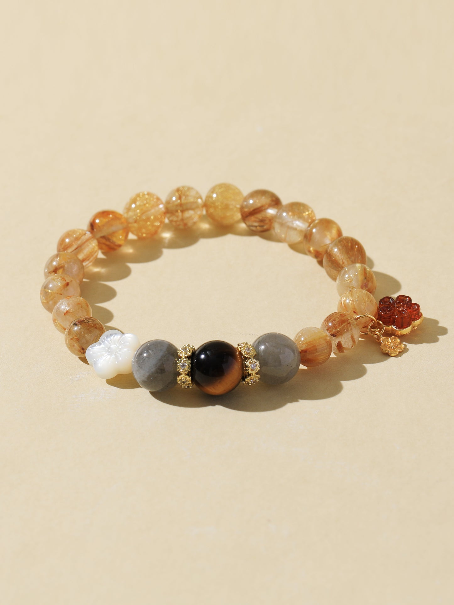 Golden Rutilated Quartz, Black Tiger’s Eye & Grey Moonstone Bracelet