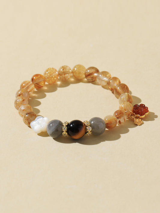 Golden Rutilated Quartz, Black Tiger’s Eye & Grey Moonstone Bracelet