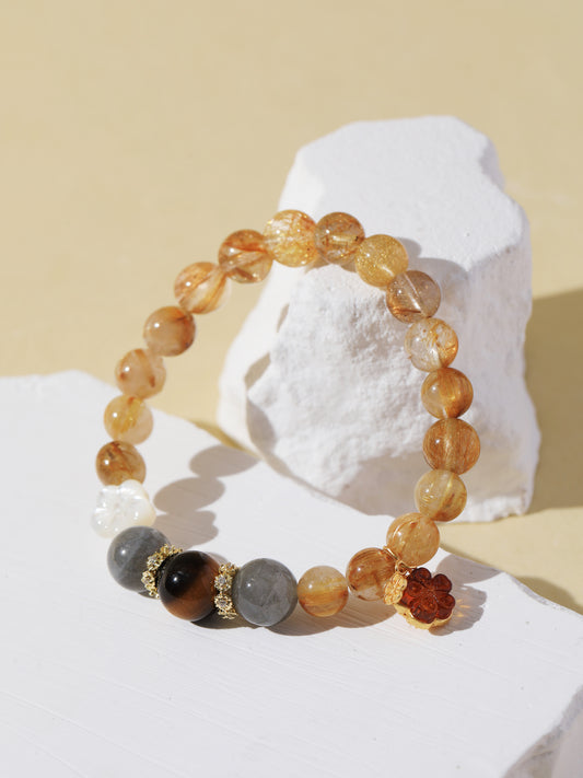 Golden Rutilated Quartz, Black Tiger’s Eye & Grey Moonstone Bracelet