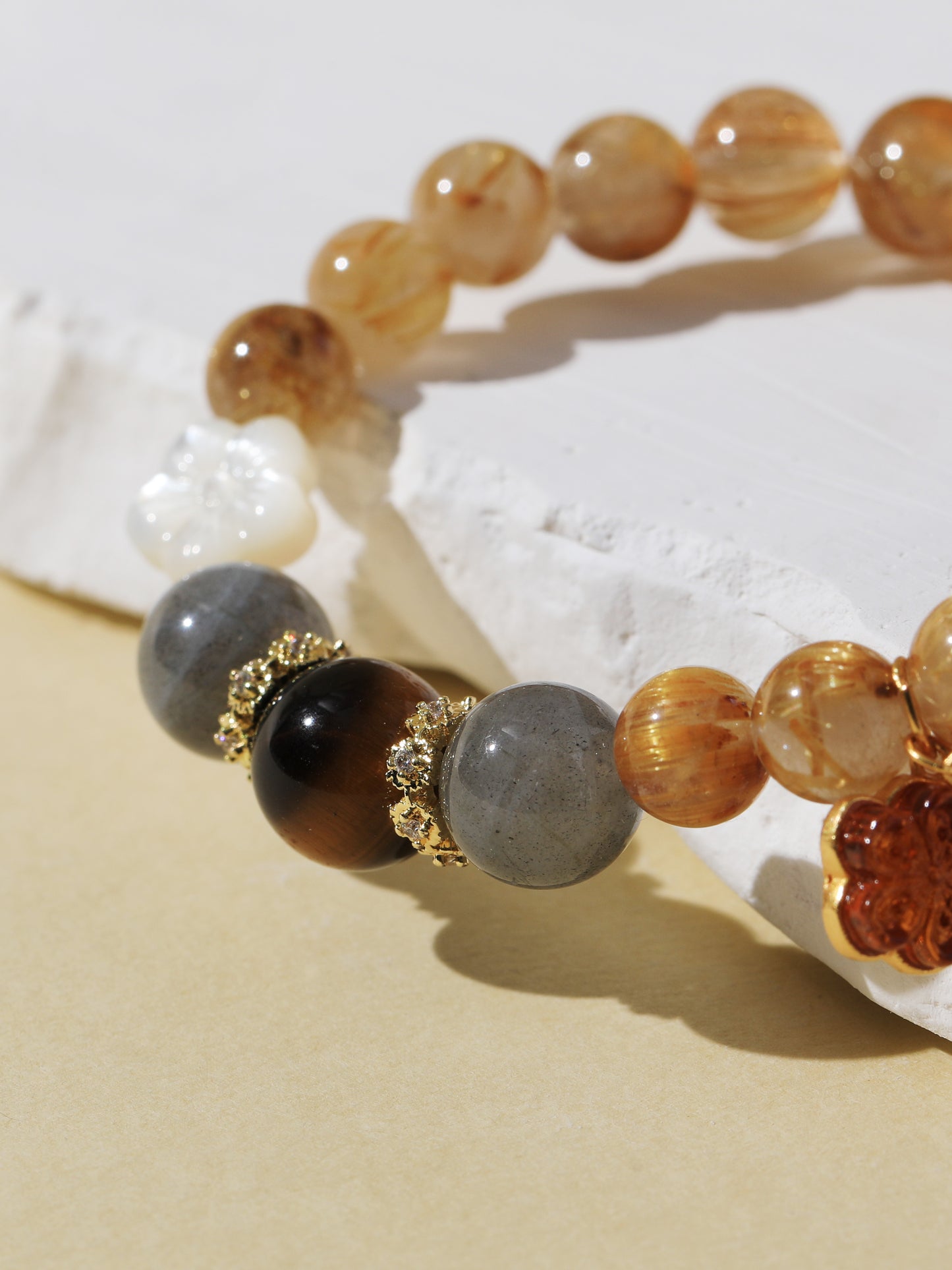 Golden Rutilated Quartz, Black Tiger’s Eye & Grey Moonstone Bracelet