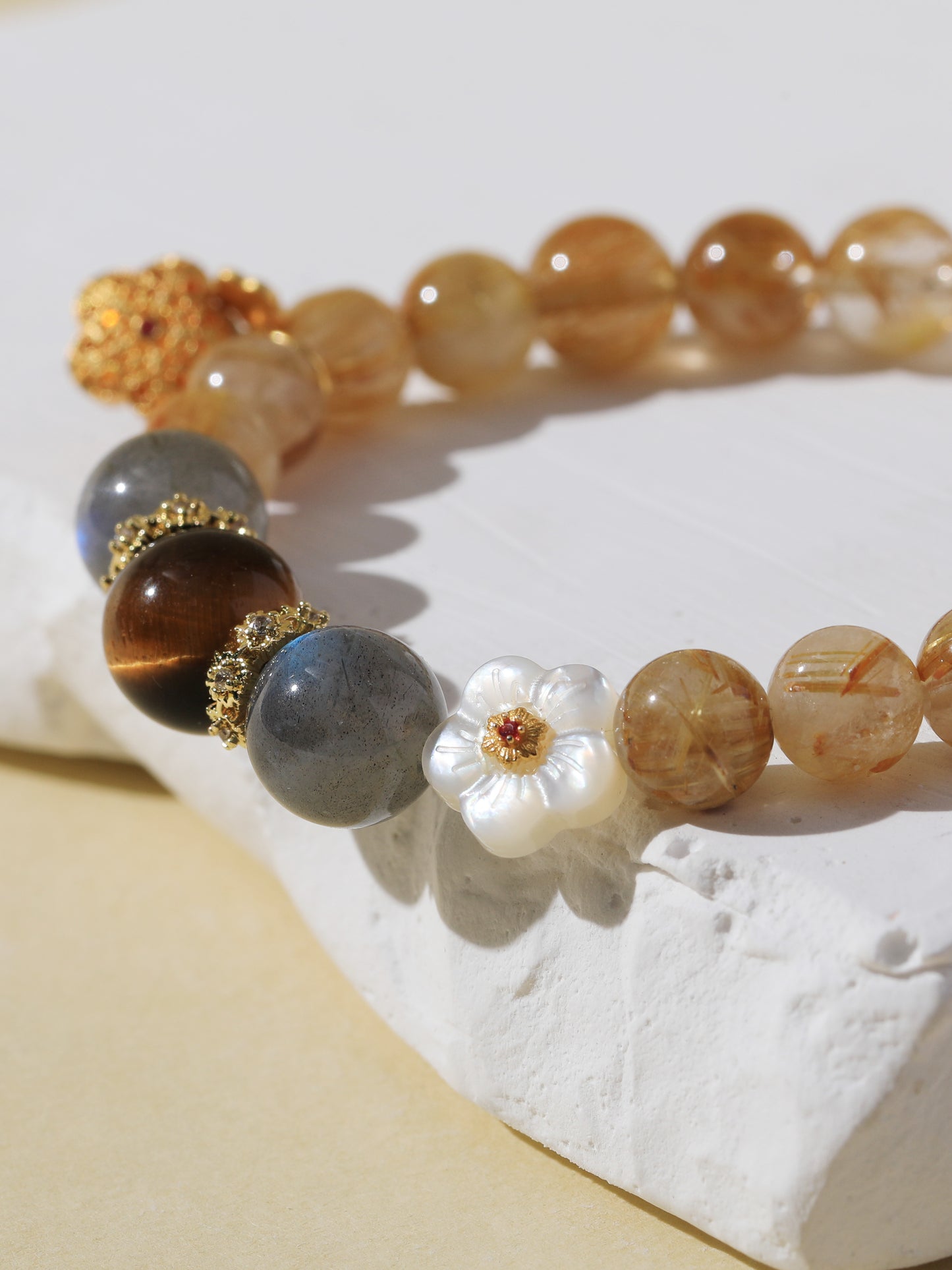 Golden Rutilated Quartz, Black Tiger’s Eye & Grey Moonstone Bracelet