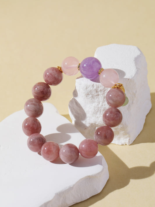 Pink Rabbit Hair, Rose Quartz & Purple Rabbit Hair Bracelet