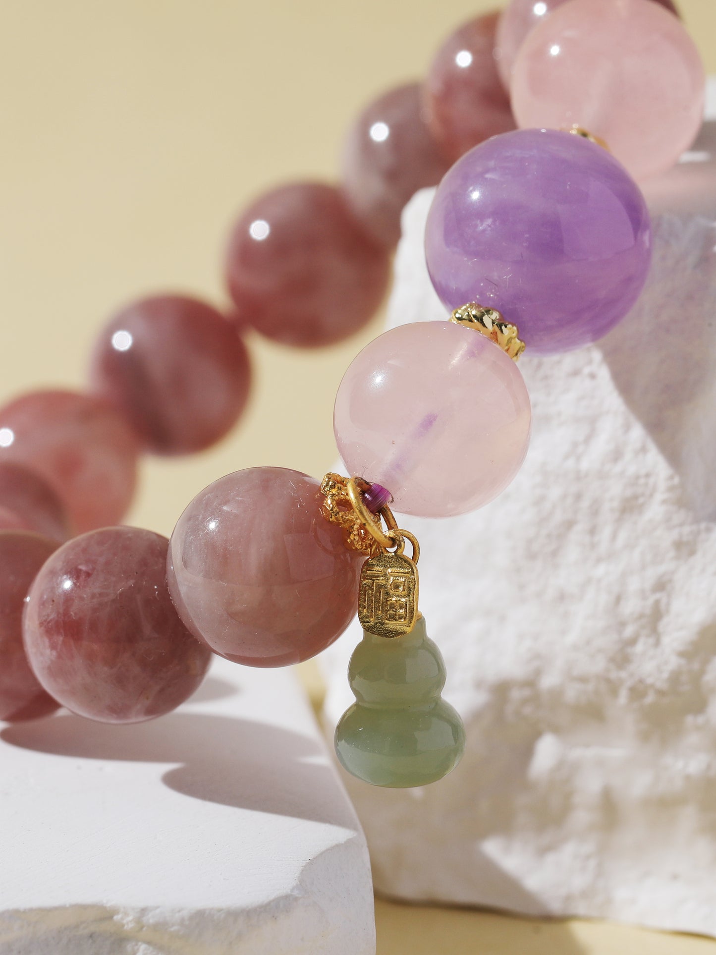 Pink Rabbit Hair, Rose Quartz & Purple Rabbit Hair Bracelet