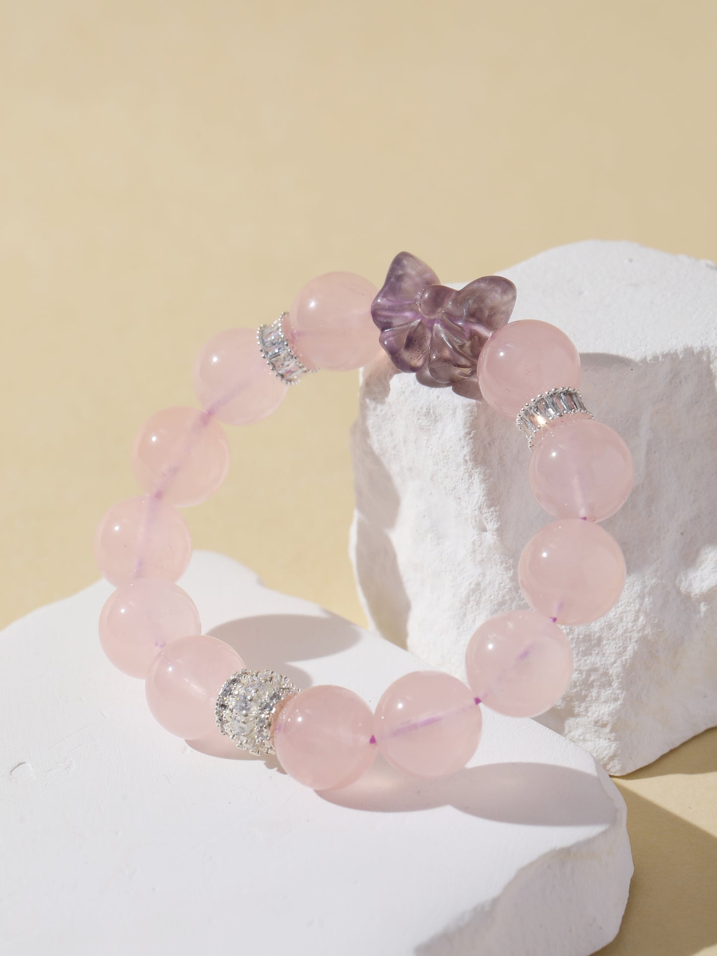 Rose Quartz Bracelet with Amethyst Bow