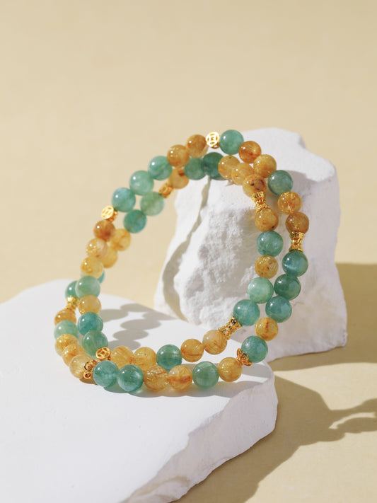 Double-Wrap Blue-Green Quartz & Golden Rutilated Quartz Bracelet