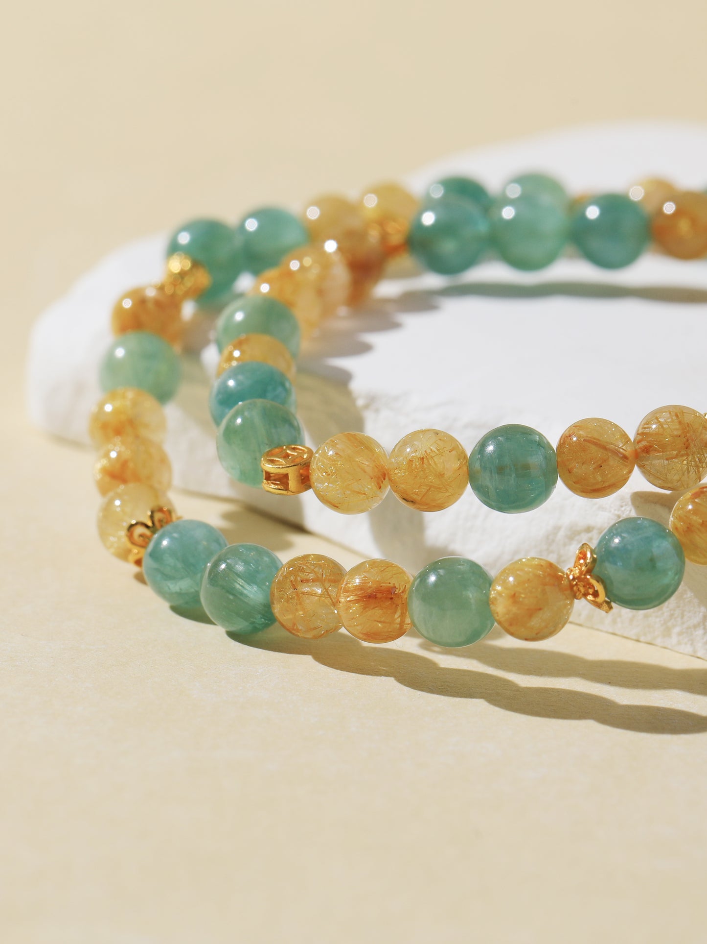 Double-Wrap Blue-Green Quartz & Golden Rutilated Quartz Bracelet