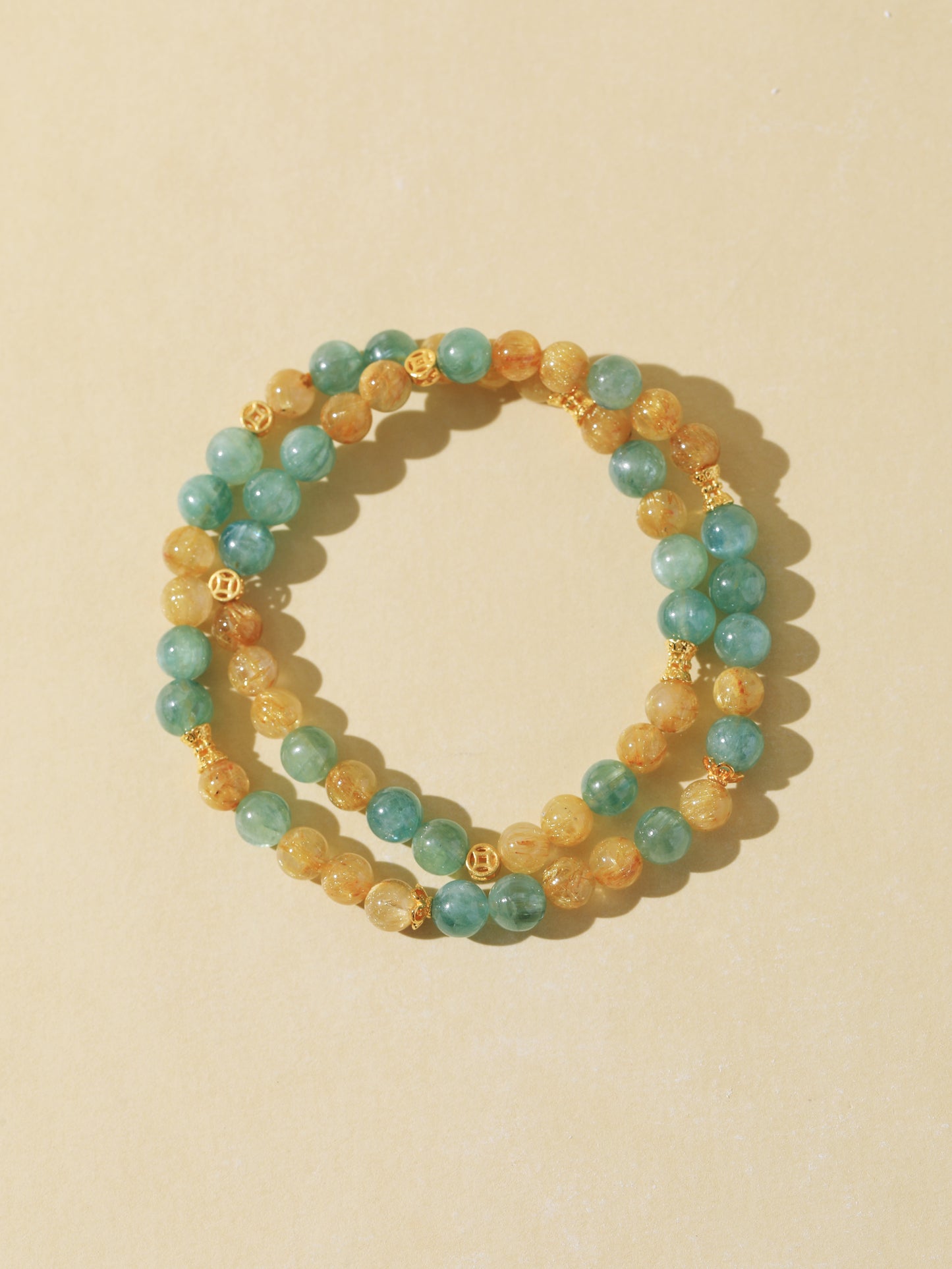 Double-Wrap Blue-Green Quartz & Golden Rutilated Quartz Bracelet