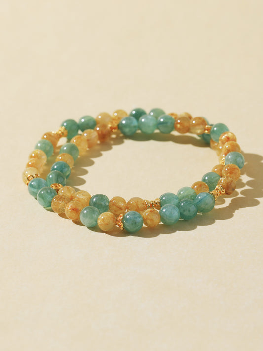 Double-Wrap Blue-Green Quartz & Golden Rutilated Quartz Bracelet
