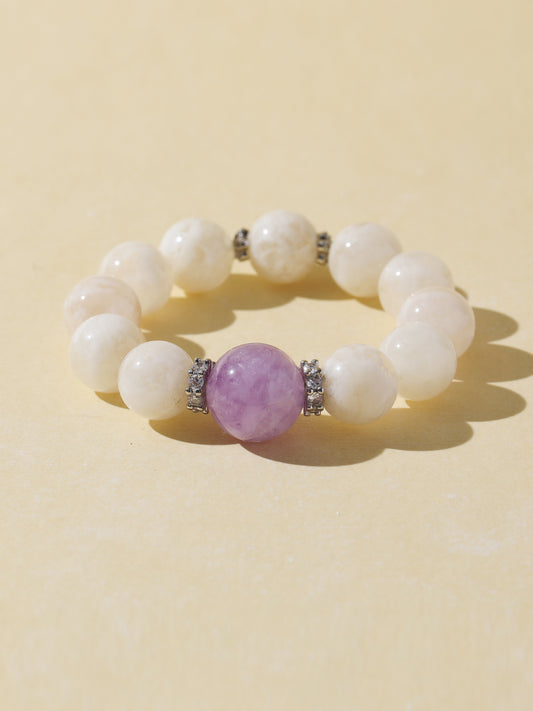 White Snowflake Stone & Purple Rabbit Hair Quartz Bracelet
