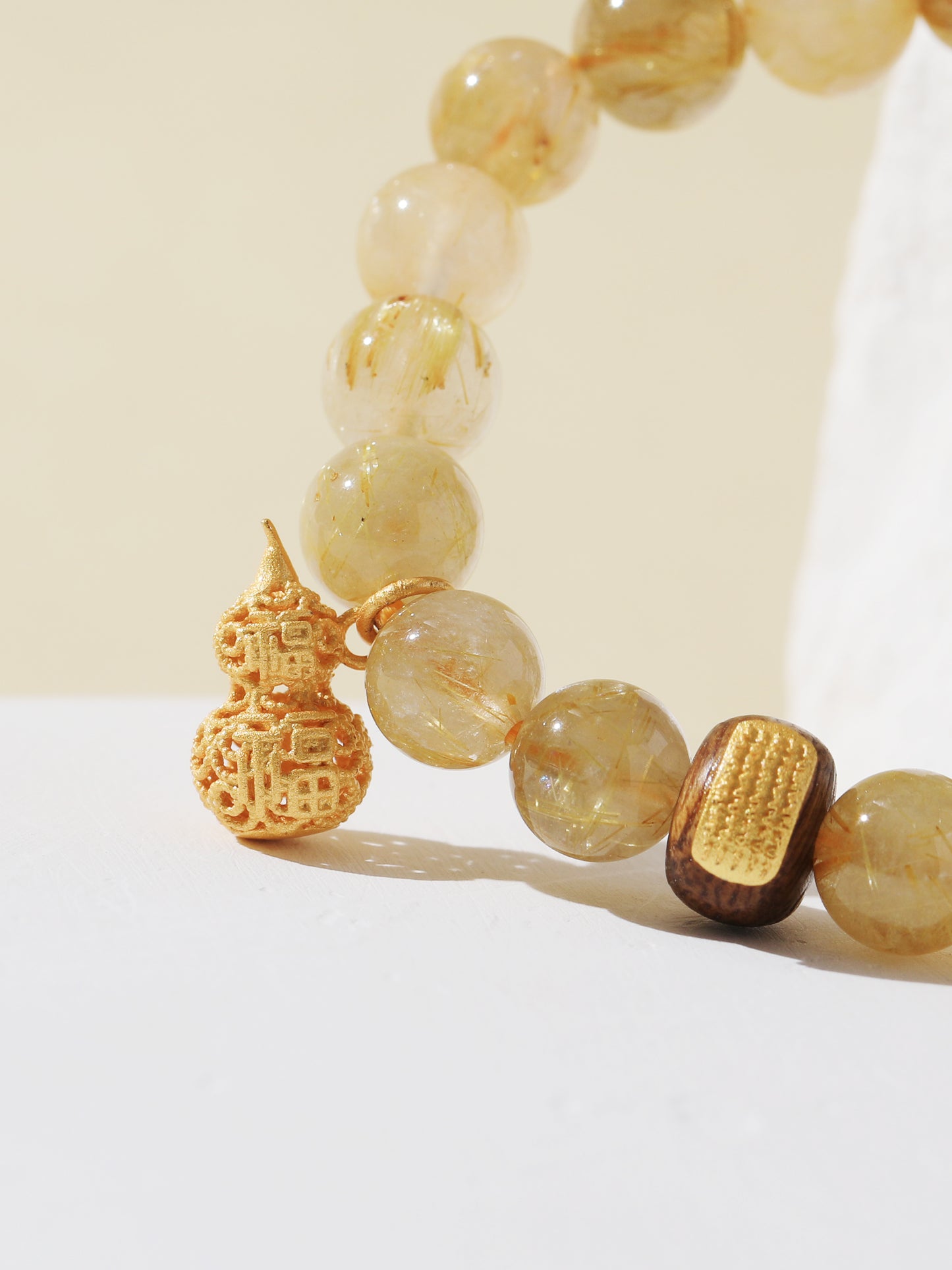 Golden Rutilated Quartz & Agarwood Bead Bracelet