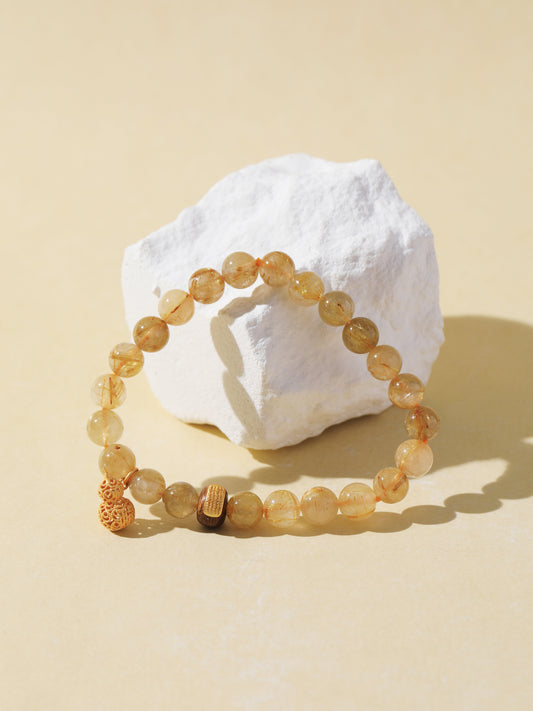 Golden Rutilated Quartz & Agarwood Bead Bracelet