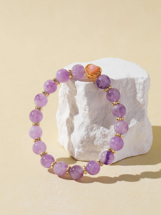 Purple Rabbit Hair Quartz Bracelet with Pink Agate Heart