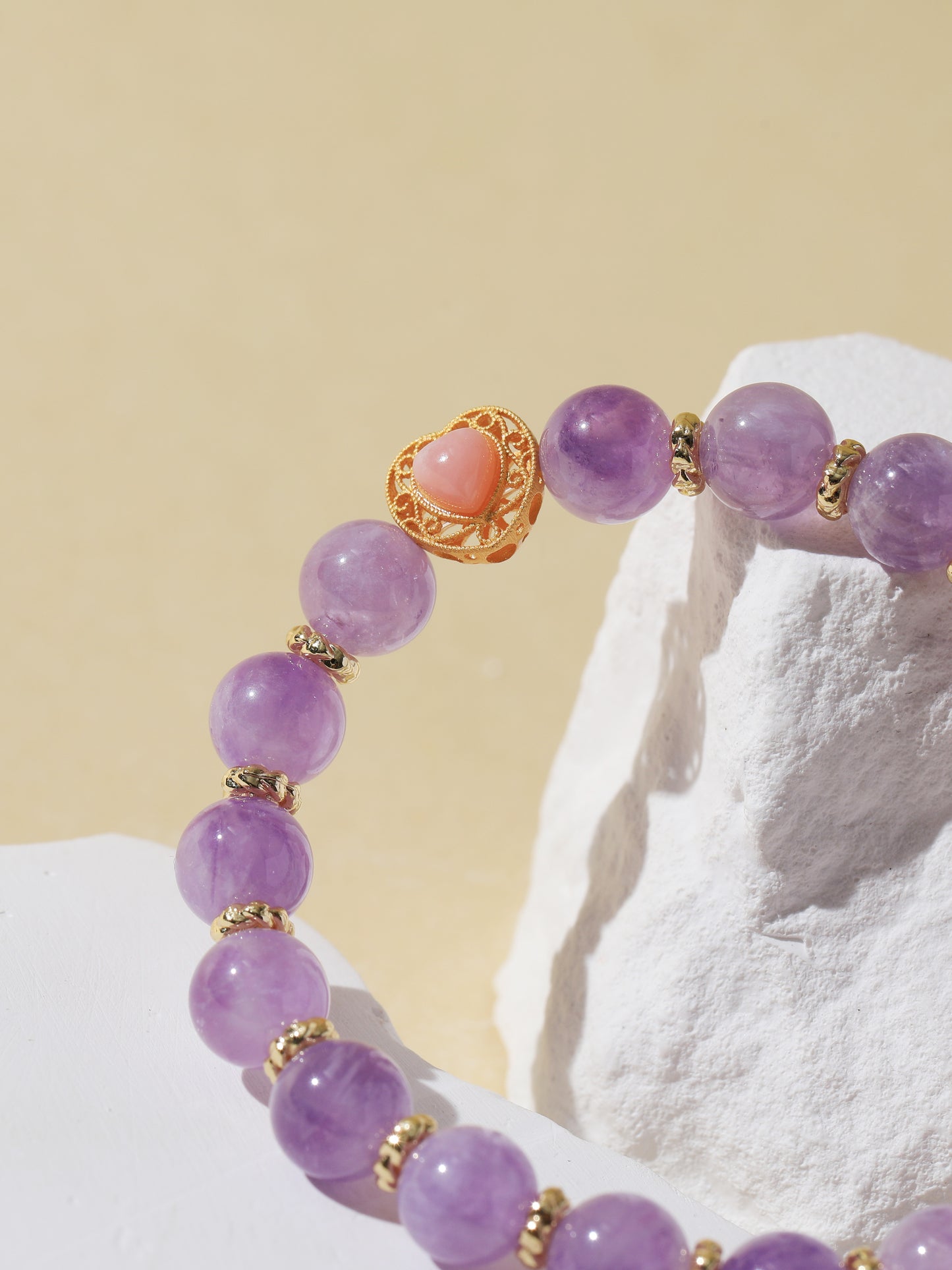 Purple Rabbit Hair Quartz Bracelet with Pink Agate Heart