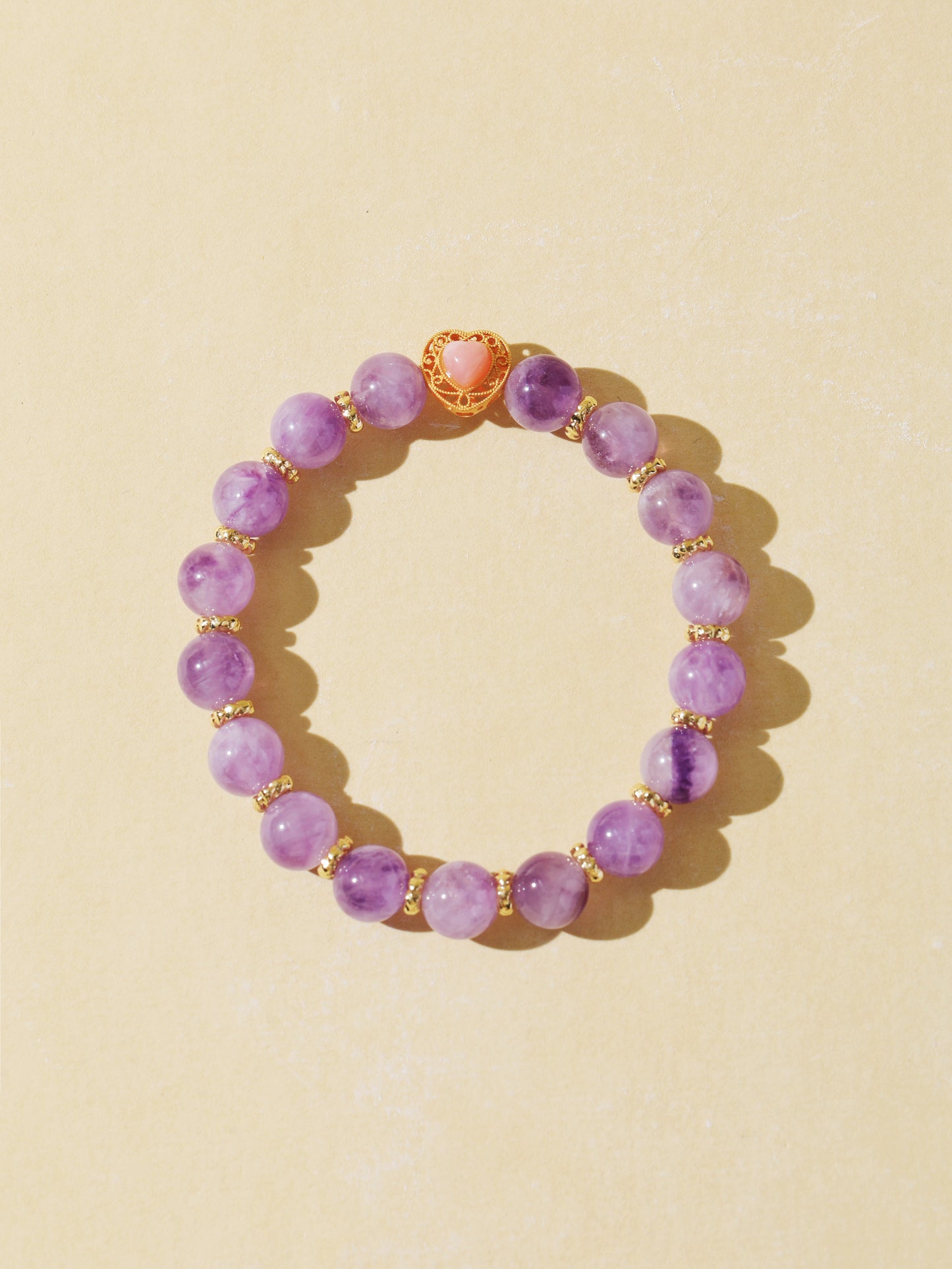Purple Rabbit Hair Quartz Bracelet with Pink Agate Heart