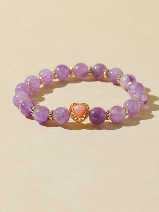 Purple Rabbit Hair Quartz Bracelet with Pink Agate Heart