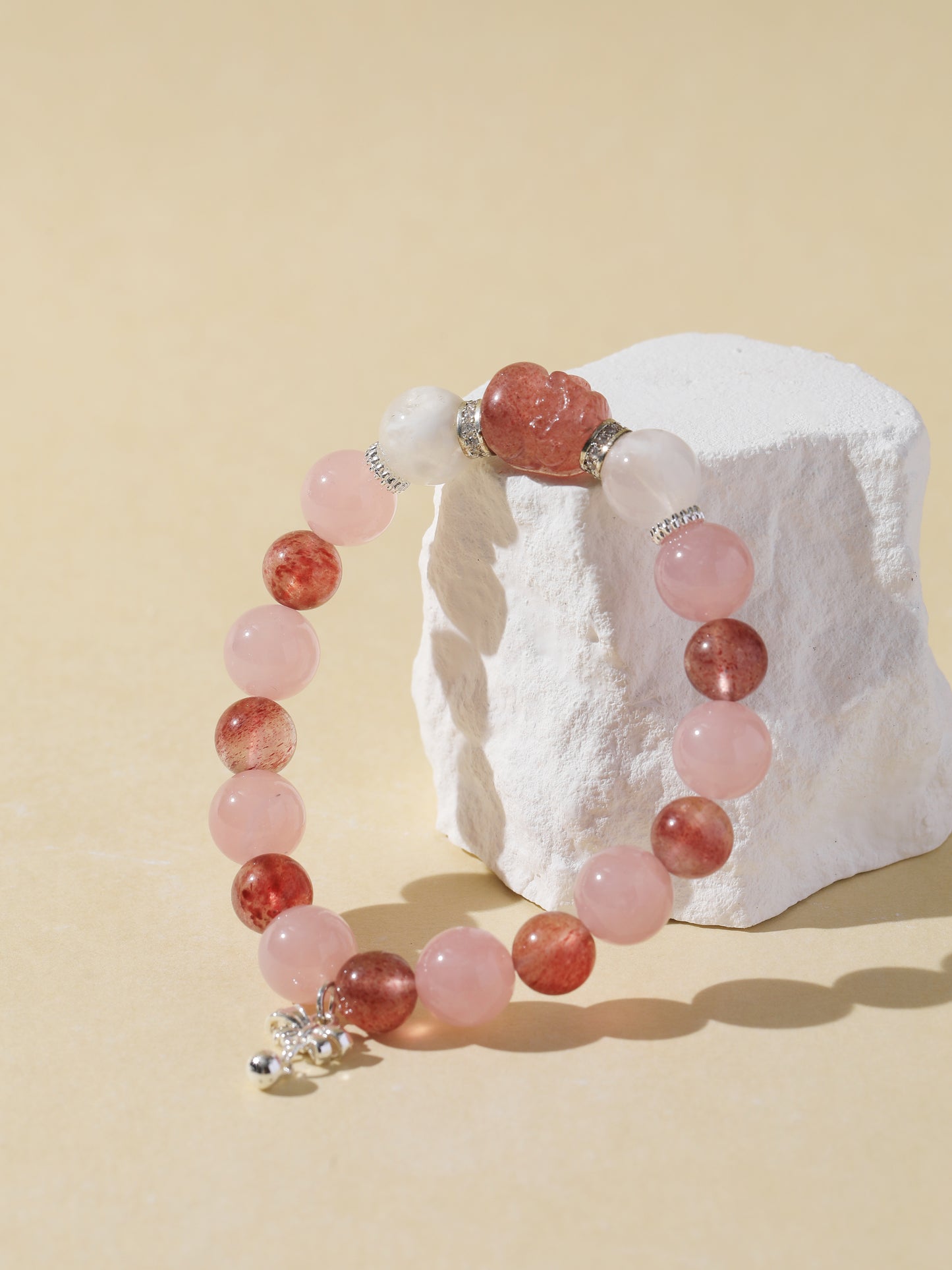 Rose Quartz, Strawberry Quartz & White Snowflake Stone Bracelet