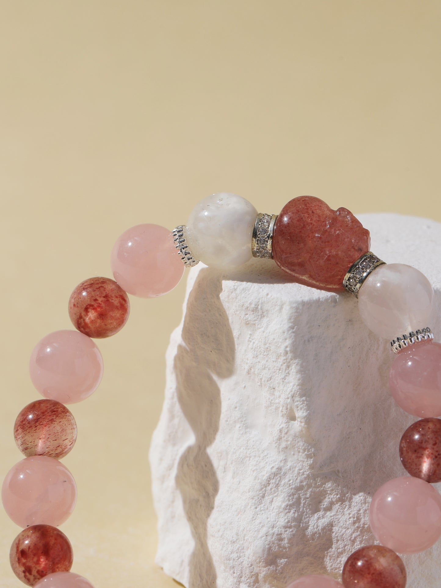 Rose Quartz, Strawberry Quartz & White Snowflake Stone Bracelet