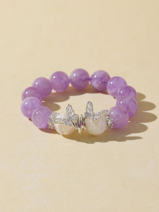 Purple Rabbit Hair Quartz & White Snowflake Stone Bracelet
