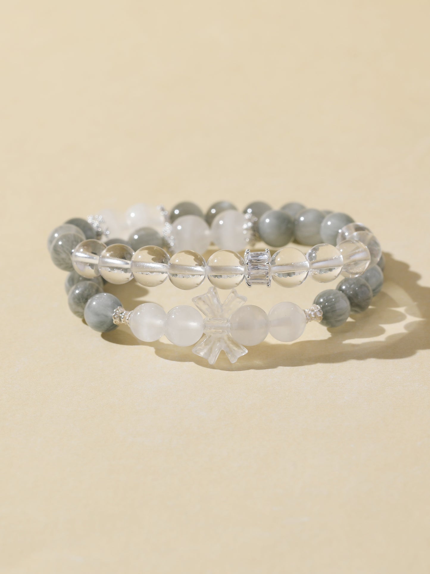 Double-Wrap Grey Hair Quartz & White Cat’s Eye & Clear Quartz Bracelet