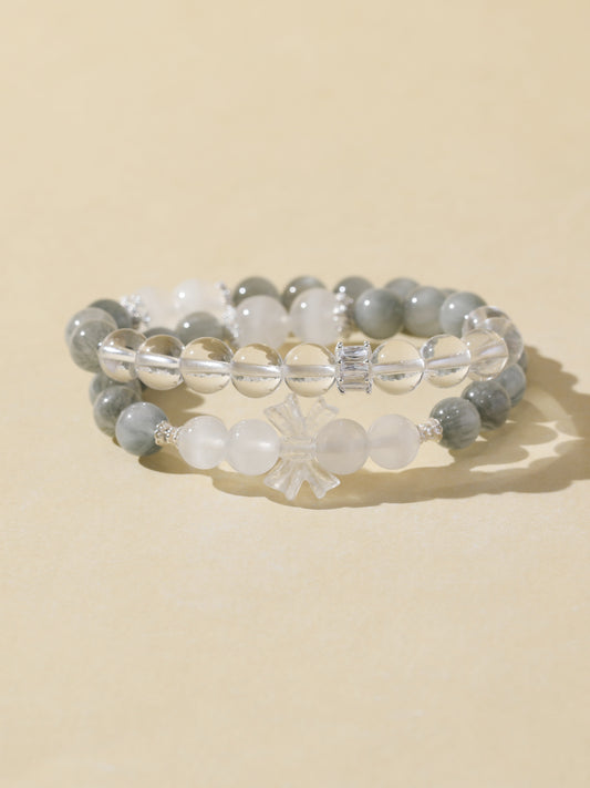 Double-Wrap Grey Hair Quartz & White Cat’s Eye & Clear Quartz Bracelet