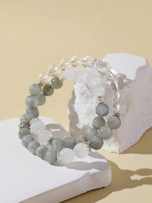 Double-Wrap Grey Hair Quartz & White Cat’s Eye & Clear Quartz Bracelet