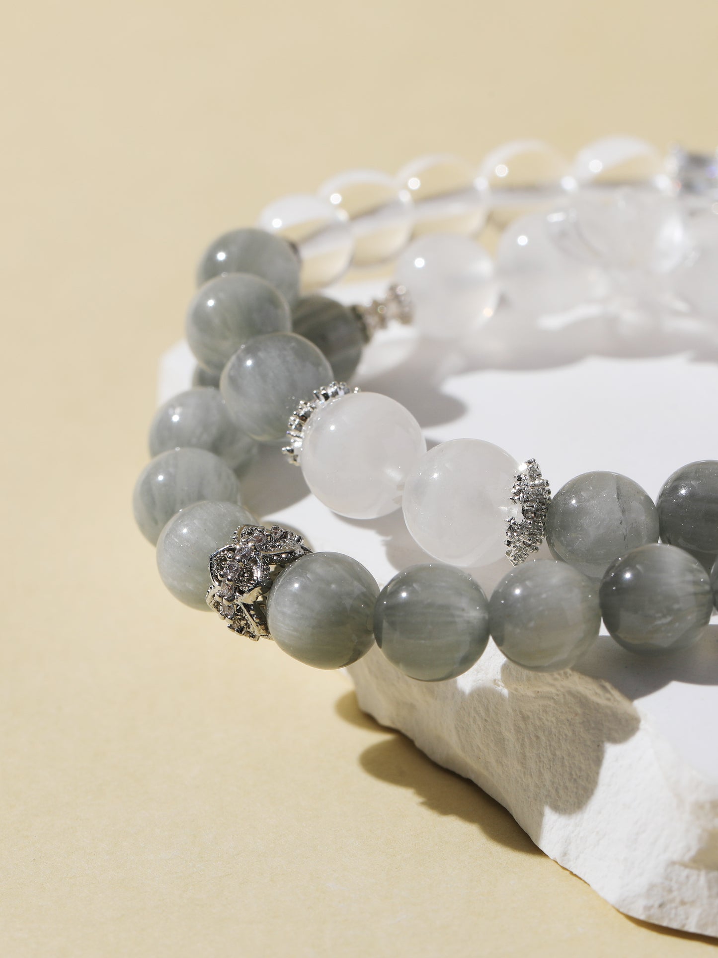 Double-Wrap Grey Hair Quartz & White Cat’s Eye & Clear Quartz Bracelet