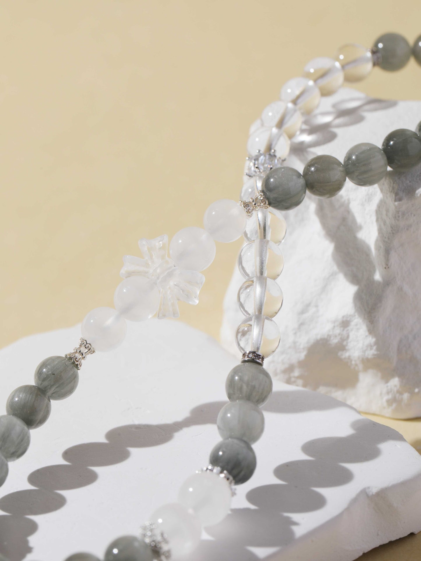 Double-Wrap Grey Hair Quartz & White Cat’s Eye & Clear Quartz Bracelet
