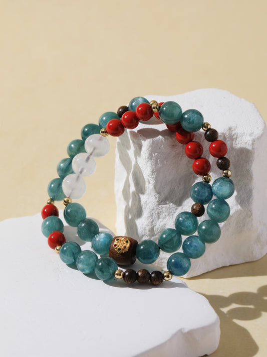 Double-Wrap Blue-Green Quartz, Cinnabar & White Cat’s Eye Bracelet