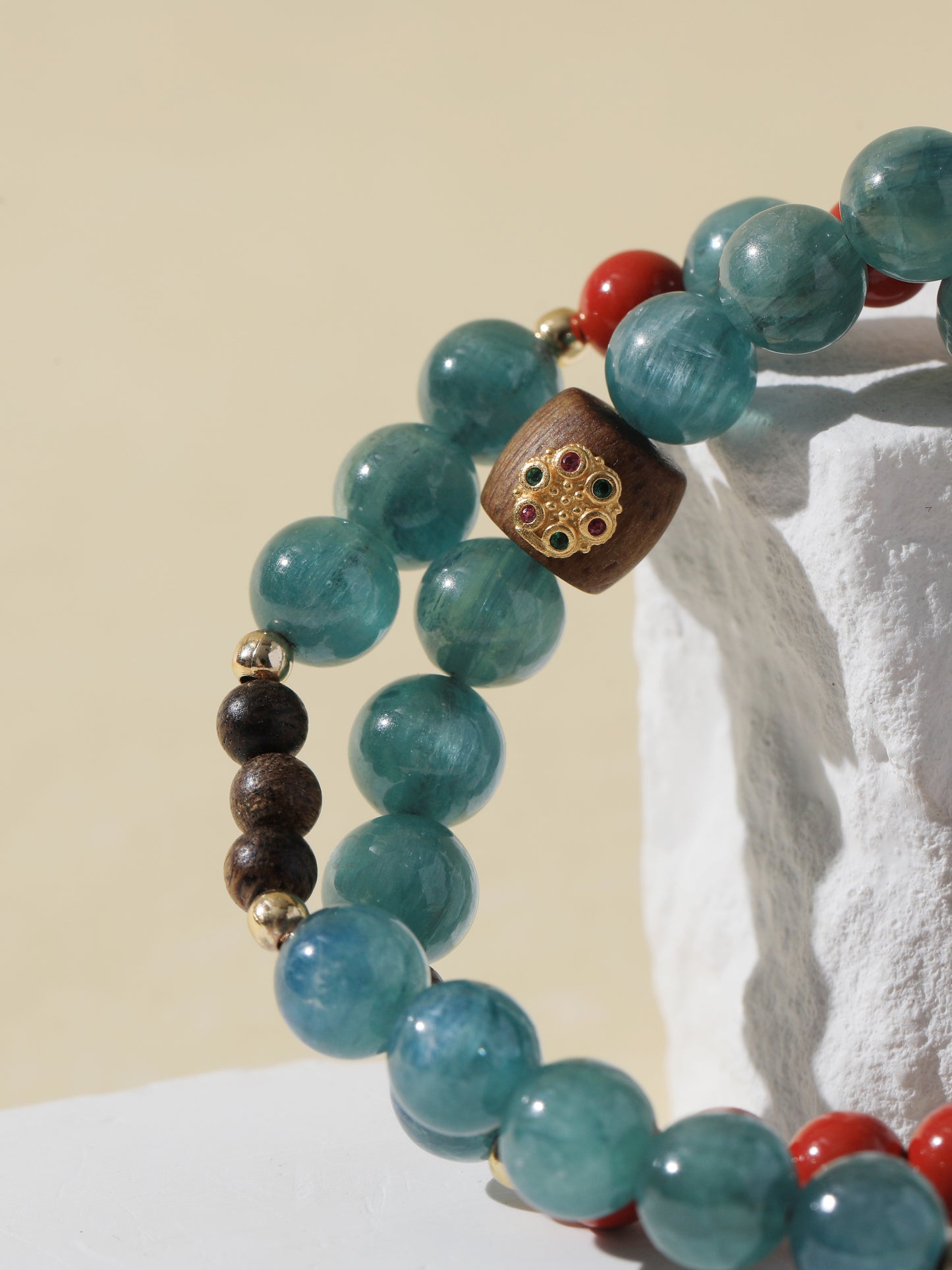 Double-Wrap Blue-Green Quartz, Cinnabar & White Cat’s Eye Bracelet