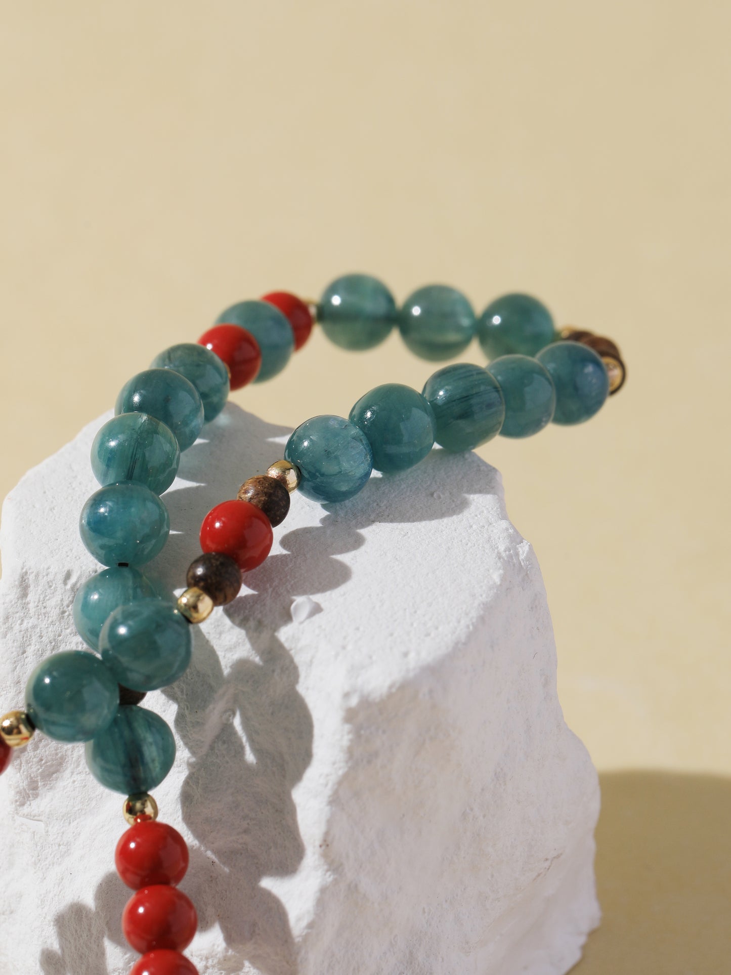 Double-Wrap Blue-Green Quartz, Cinnabar & White Cat’s Eye Bracelet