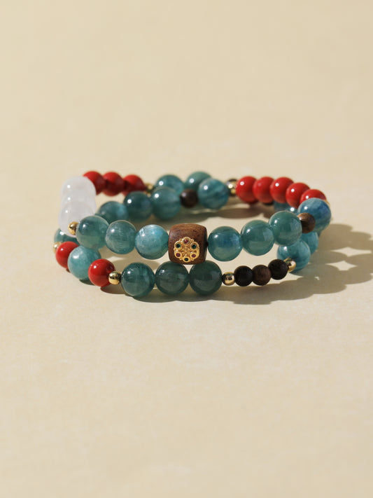 Double-Wrap Blue-Green Quartz, Cinnabar & White Cat’s Eye Bracelet