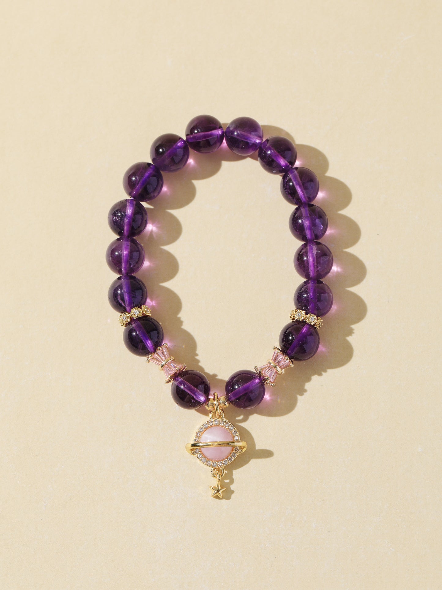 Amethyst Bracelet with Rose Quartz Planet Pendant