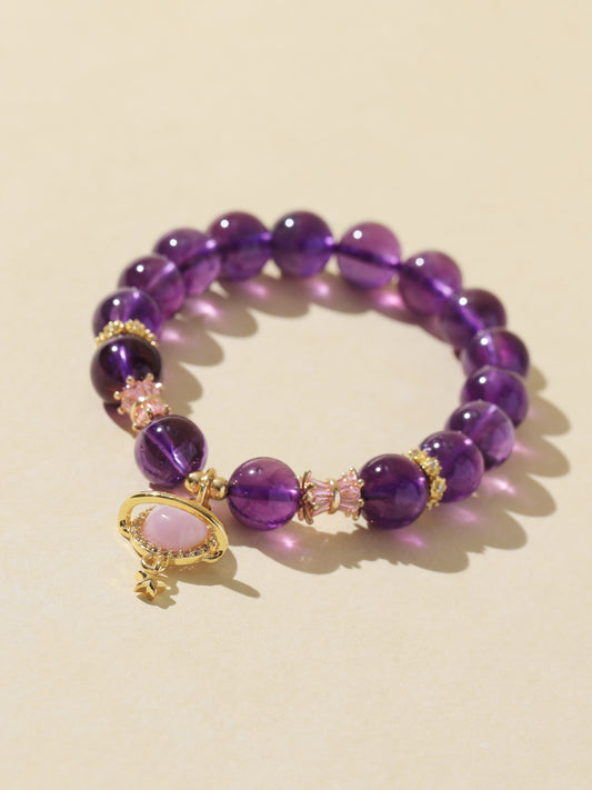 Amethyst Bracelet with Rose Quartz Planet Pendant
