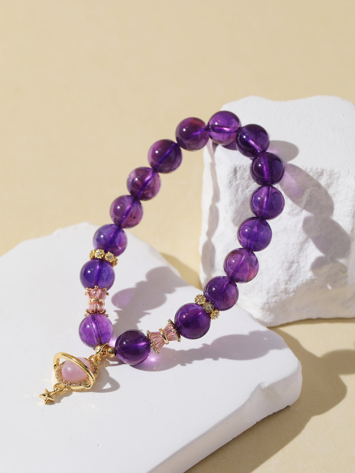 Amethyst Bracelet with Rose Quartz Planet Pendant