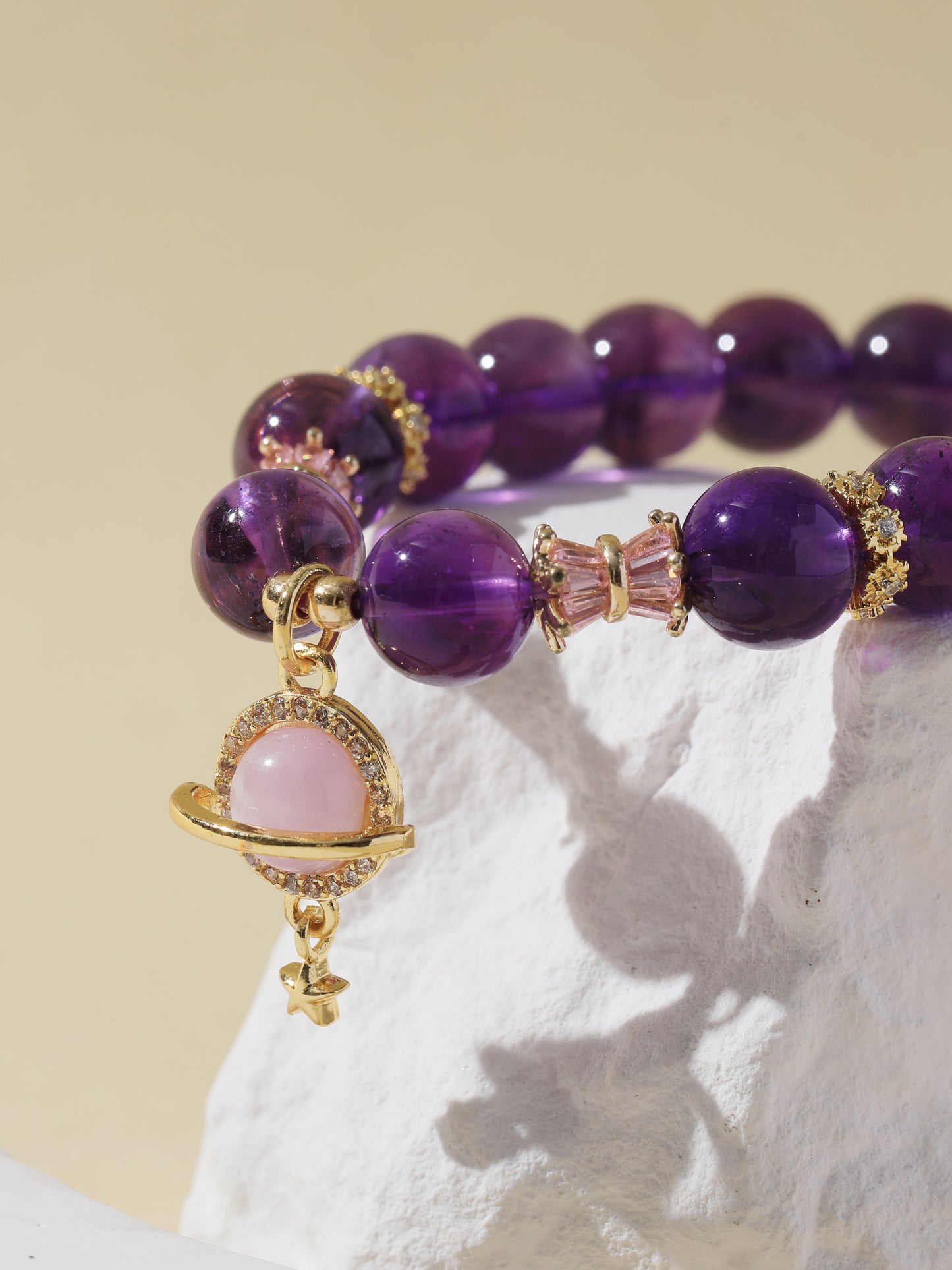 Amethyst Bracelet with Rose Quartz Planet Pendant